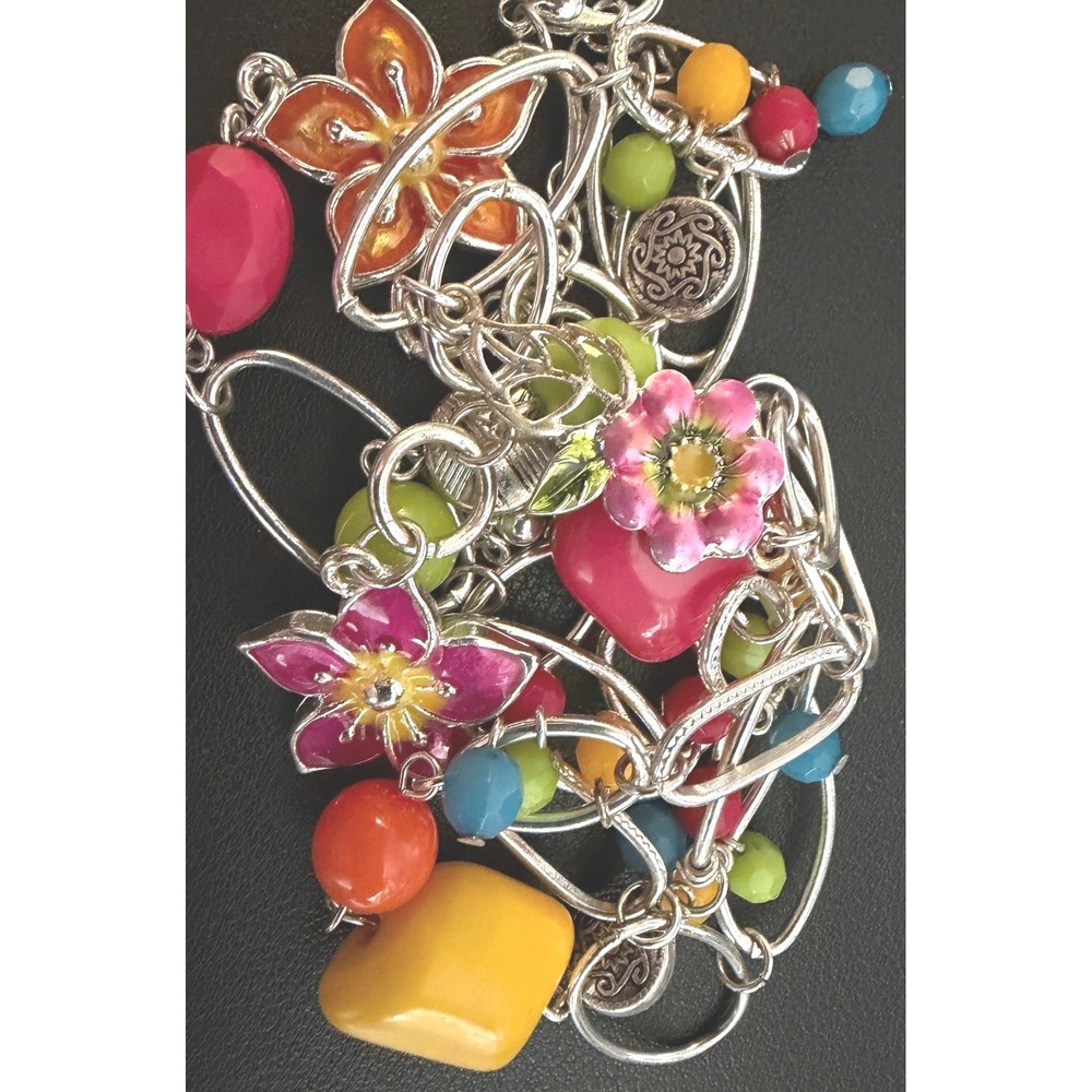 Bead Necklace Enamel Flower Power Silver Tone Y2K